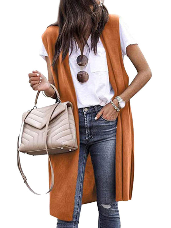 New solid color able casual mid-length cardigan vest-[Adult]-[Female]-Orange-S-2022 Online Blue Zone Planet