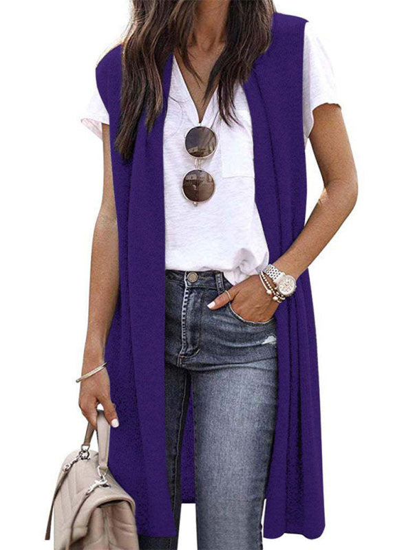 New solid color able casual mid-length cardigan vest-[Adult]-[Female]-Purple-S-2022 Online Blue Zone Planet