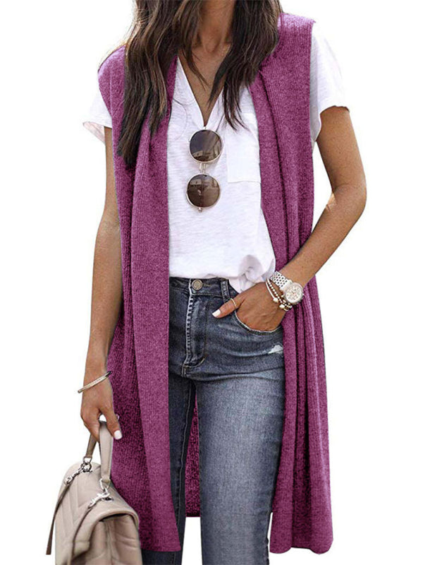 New solid color able casual mid-length cardigan vest-[Adult]-[Female]-Rose-S-2022 Online Blue Zone Planet