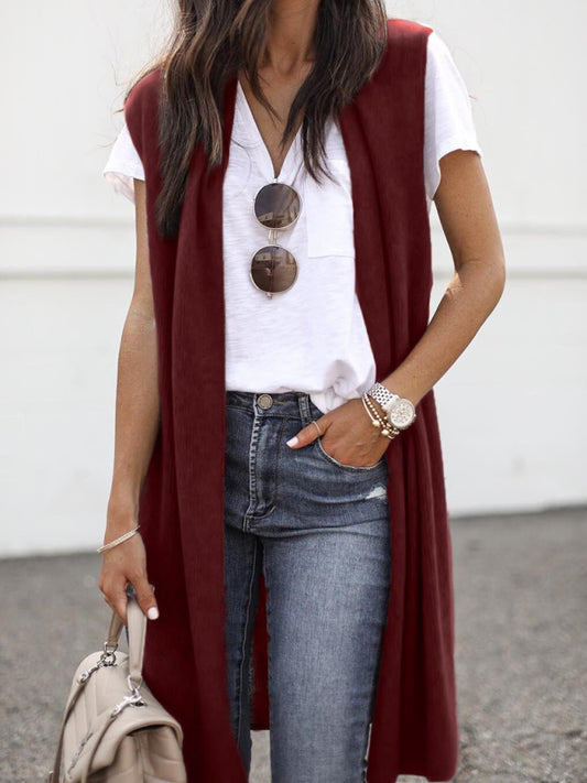 New solid color able casual mid-length cardigan vest-[Adult]-[Female]-Wine Red-S-2022 Online Blue Zone Planet