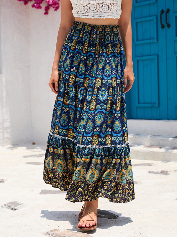 New Women's Bohemian Hollow Printed Patchwork Skirt-[Adult]-[Female]-2022 Online Blue Zone Planet