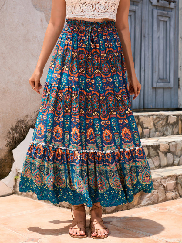 New Women's Bohemian Hollow Printed Patchwork Skirt-[Adult]-[Female]-2022 Online Blue Zone Planet