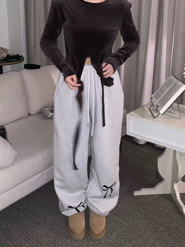 New women's bow printed velvet thickened sweatpants-BOTTOMS SIZES SMALL MEDIUM LARGE-[Adult]-[Female]-Misty grey-FREESIZE-2022 Online Blue Zone Planet