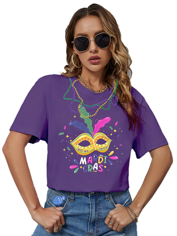 New mask letter pattern printed T-shirt-[Adult]-[Female]-Dark purple-S-2022 Online Blue Zone Planet