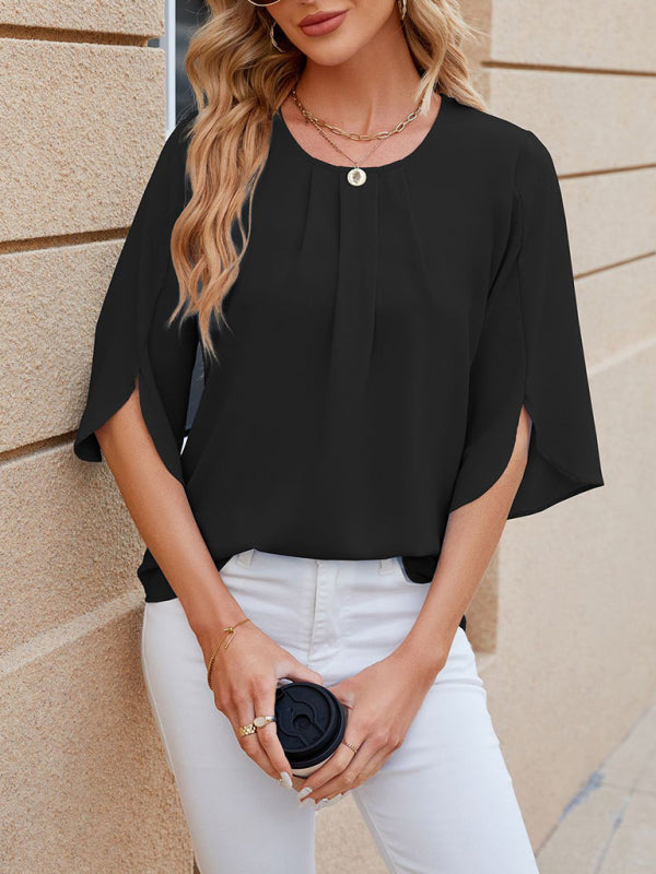 Round Neck Quarter Sleeve Loose Chiffon Shirt Top BLUE ZONE PLANET