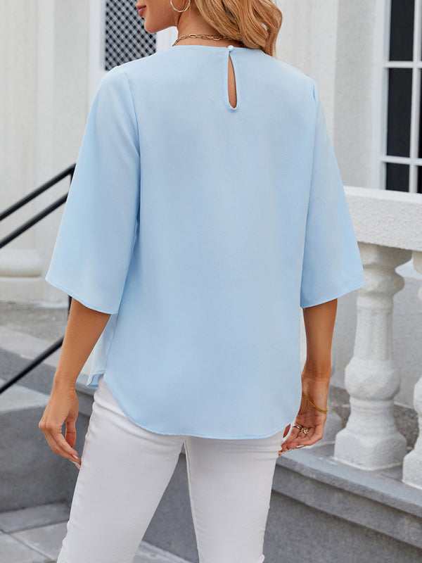 Round Neck Quarter Sleeve Loose Chiffon Shirt Top BLUE ZONE PLANET