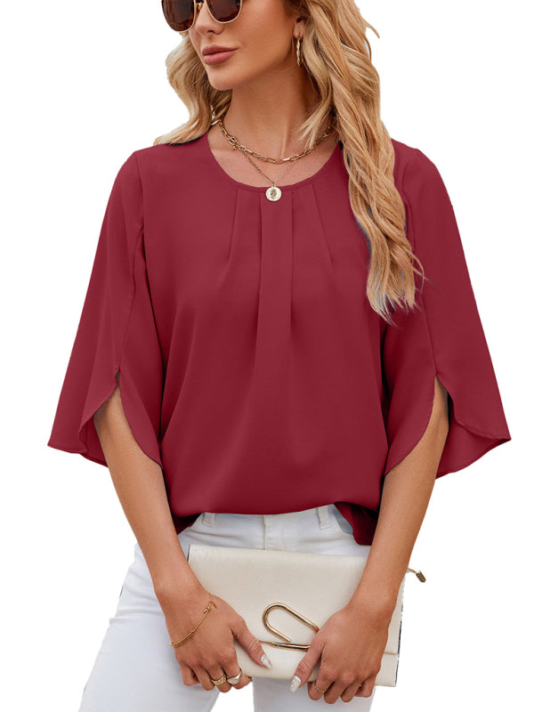 Round Neck Quarter Sleeve Loose Chiffon Shirt Top BLUE ZONE PLANET