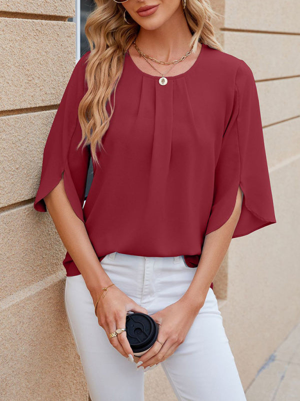 Round Neck Quarter Sleeve Loose Chiffon Shirt Top BLUE ZONE PLANET