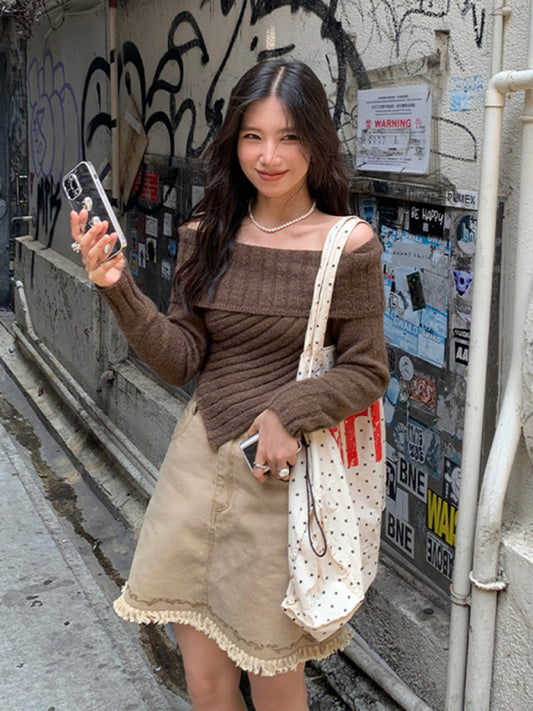 Blue Zone Planet |  style French pit knitted one-shoulder slim sweater BLUE ZONE PLANET