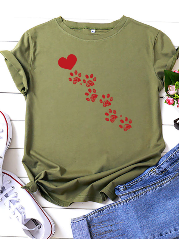 New women's casual love animal footprint casual cotton short-sleeved T-shirt-[Adult]-[Female]-Olive green-S-2022 Online Blue Zone Planet