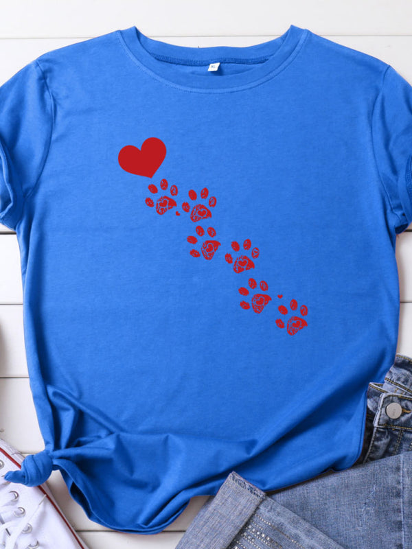 New women's casual love animal footprint casual cotton short-sleeved T-shirt-[Adult]-[Female]-Blue-S-2022 Online Blue Zone Planet