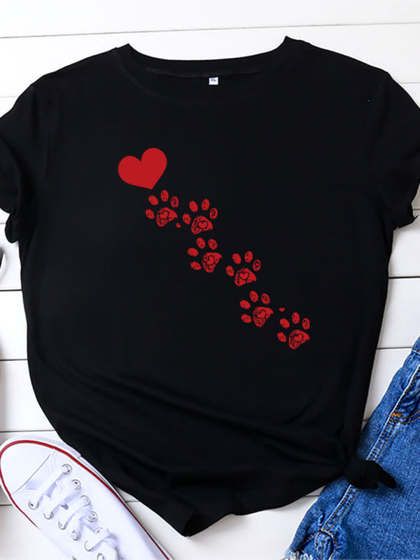 New women's casual love animal footprint casual cotton short-sleeved T-shirt-[Adult]-[Female]-Black-S-2022 Online Blue Zone Planet