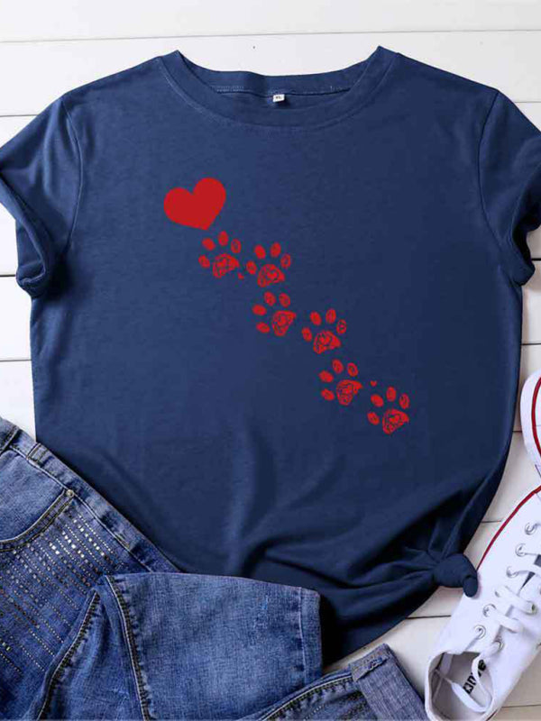 New women's casual love animal footprint casual cotton short-sleeved T-shirt-[Adult]-[Female]-Purplish blue navy-S-2022 Online Blue Zone Planet