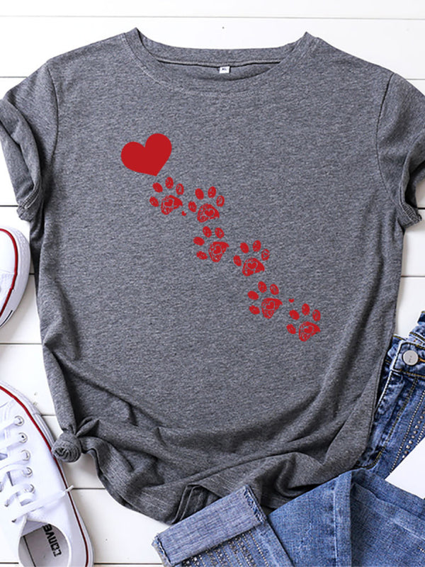 New women's casual love animal footprint casual cotton short-sleeved T-shirt-[Adult]-[Female]-Charcoal grey-S-2022 Online Blue Zone Planet