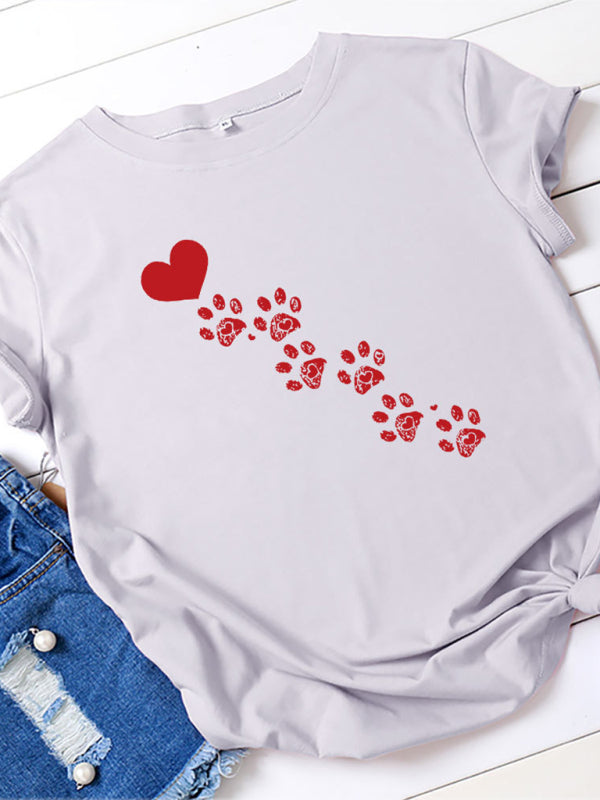 New women's casual love animal footprint casual cotton short-sleeved T-shirt-[Adult]-[Female]-Misty grey-S-2022 Online Blue Zone Planet