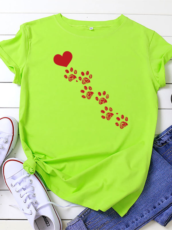 New women's casual love animal footprint casual cotton short-sleeved T-shirt-[Adult]-[Female]-Lemon Green-S-2022 Online Blue Zone Planet