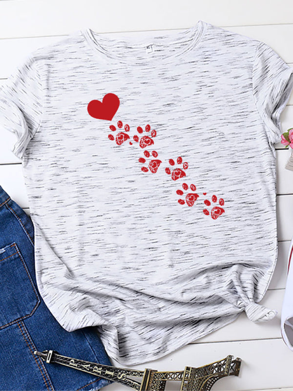 New women's casual love animal footprint casual cotton short-sleeved T-shirt-[Adult]-[Female]-Neutral grey-S-2022 Online Blue Zone Planet