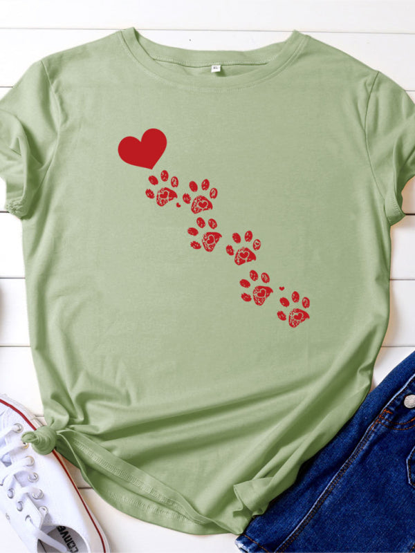 New women's casual love animal footprint casual cotton short-sleeved T-shirt-[Adult]-[Female]-Pea green grey-S-2022 Online Blue Zone Planet