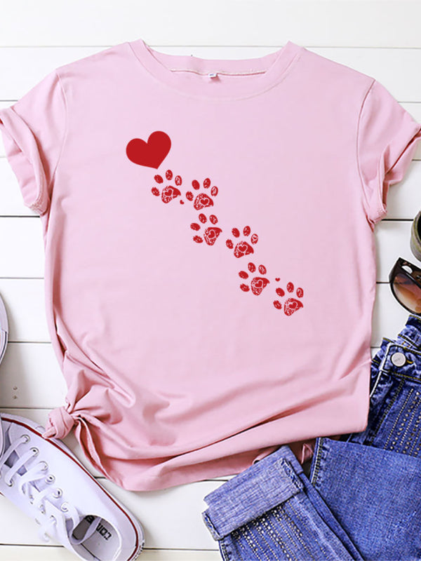 New women's casual love animal footprint casual cotton short-sleeved T-shirt-[Adult]-[Female]-Pink-S-2022 Online Blue Zone Planet