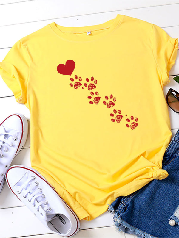 New women's casual love animal footprint casual cotton short-sleeved T-shirt-[Adult]-[Female]-Yellow-S-2022 Online Blue Zone Planet