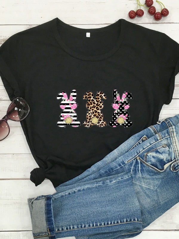 Easter Leopard Print Floral Bunny Color Print T-Shirt-TOPS / DRESSES-[Adult]-[Female]-Black-S-2022 Online Blue Zone Planet