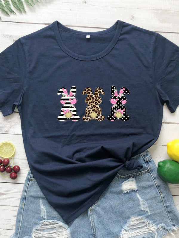 Easter Leopard Print Floral Bunny Color Print T-Shirt-TOPS / DRESSES-[Adult]-[Female]-Champlain color-S-2022 Online Blue Zone Planet