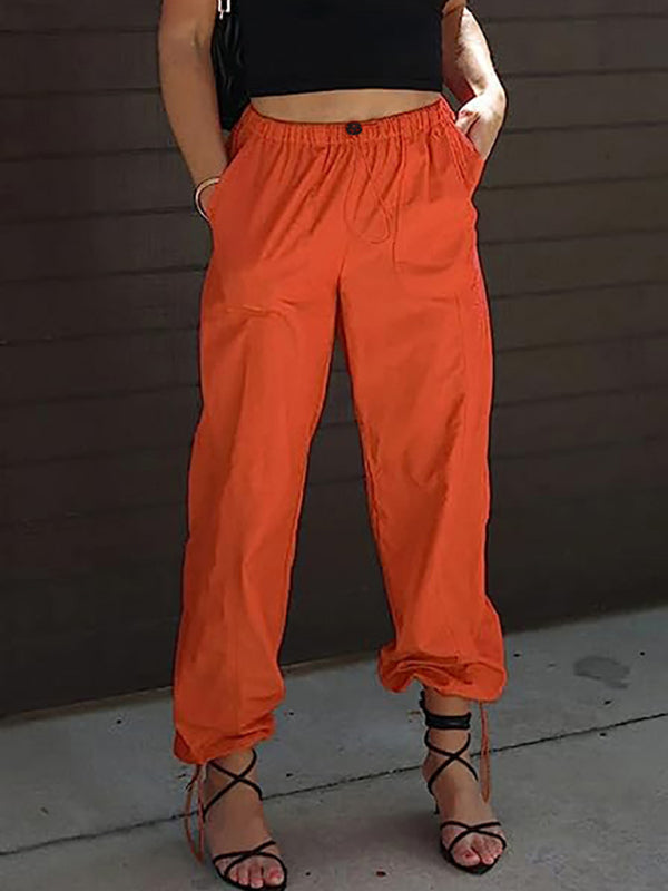 Pants Solid Color Pocket Elastic Waist Jogging Hip Hop Dance Pants-TOPS / DRESSES-[Adult]-[Female]-Orange Red-S-2022 Online Blue Zone Planet
