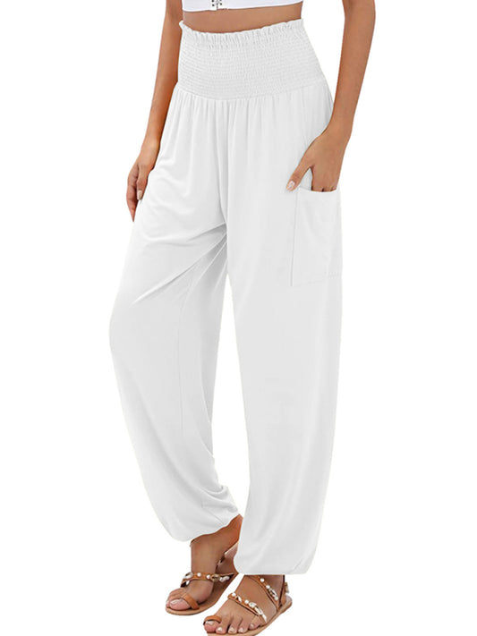 Blue Zone Planet | elastic high waist wide leg trousers-TOPS / DRESSES-[Adult]-[Female]-White-S-2022 Online Blue Zone Planet
