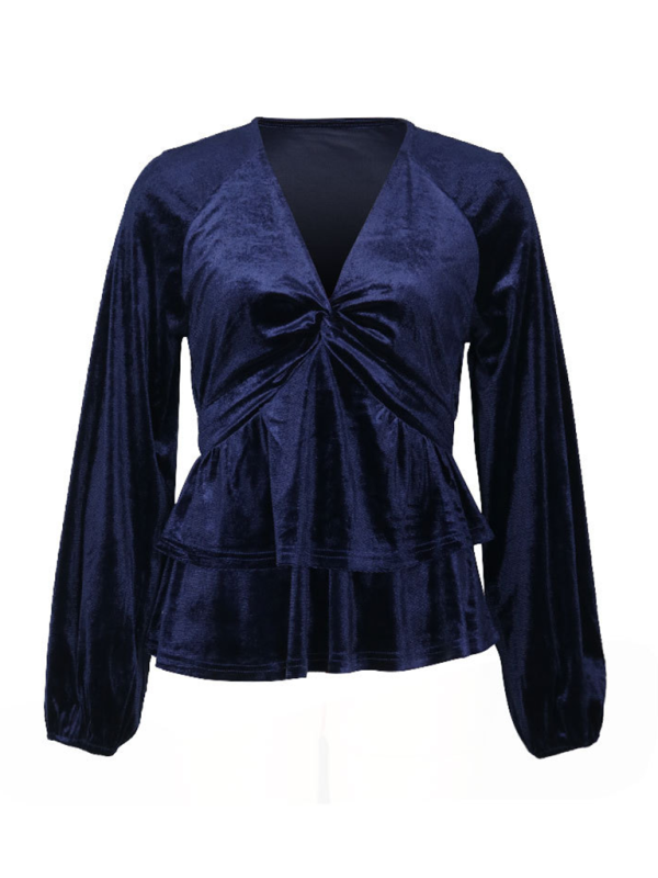 Women's solid color v-neck velvet long-sleeved top-[Adult]-[Female]-2022 Online Blue Zone Planet