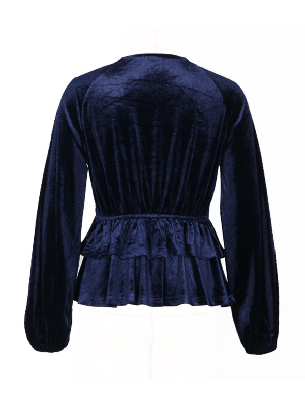 Women's solid color v-neck velvet long-sleeved top-[Adult]-[Female]-2022 Online Blue Zone Planet