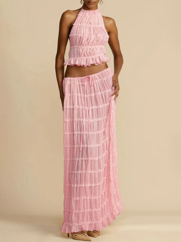 Blue Zone Planet | Ava's Backless Lace-Up Halter Top and Chiffon Pleated Maxi Skirt Two-Piece Set-TOPS / DRESSES-[Adult]-[Female]-Pink-S-2022 Online Blue Zone Planet