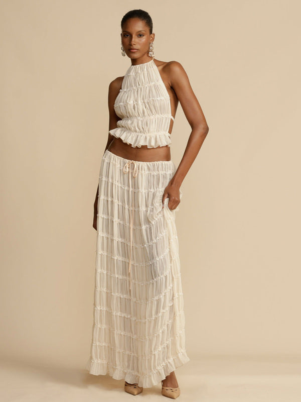 Blue Zone Planet | Ava's Backless Lace-Up Halter Top and Chiffon Pleated Maxi Skirt Two-Piece Set-TOPS / DRESSES-[Adult]-[Female]-White-S-2022 Online Blue Zone Planet