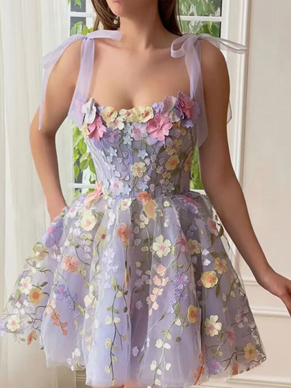 Bella's Three-Dimensional Flower Embroidery Spaghetti Strap A-Line Dress-TOPS / DRESSES-[Adult]-[Female]-Lavender-S-2022 Online Blue Zone Planet