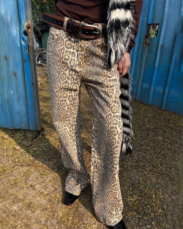 Blue Zone Planet | retro leopard print street straight wide leg loose denim trousers BLUE ZONE PLANET