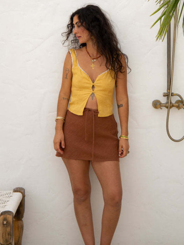 Blue Zone Planet | able button placket lace back strap vest top kakaclo