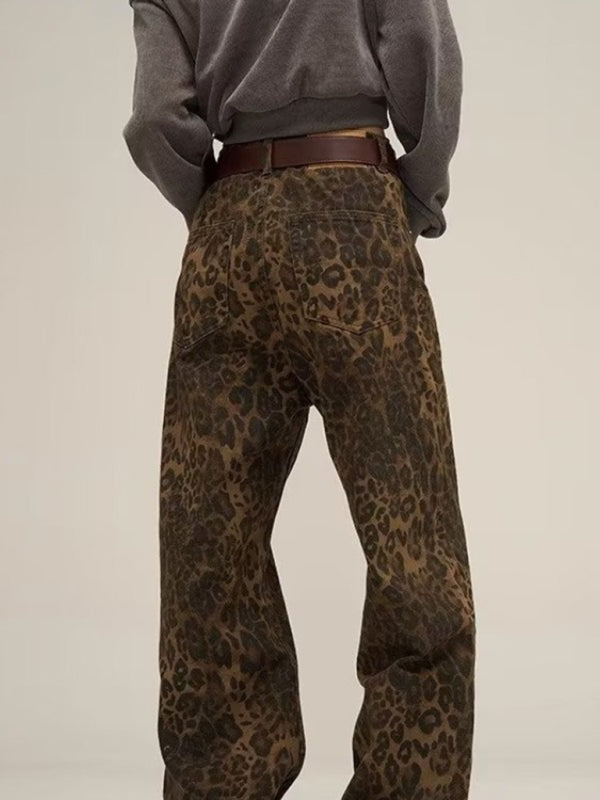 Blue Zone Planet | Retro Leopard Jeans Heavy Industry Hip Hop Loose Wide Leg Pants kakaclo