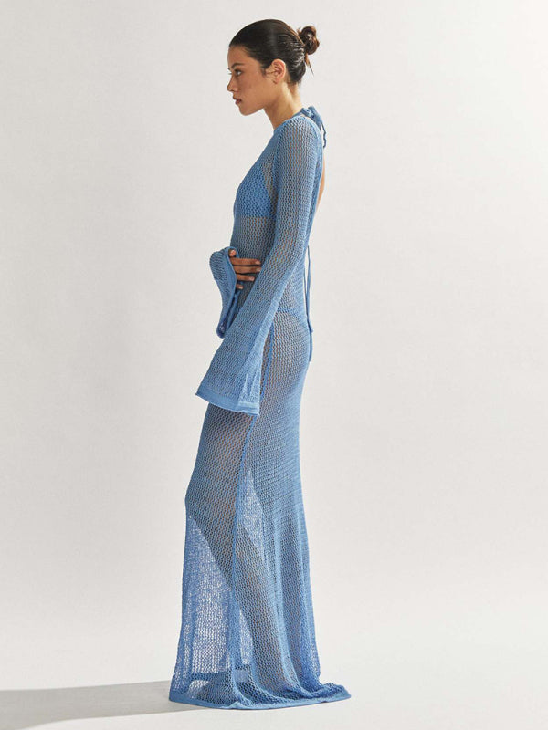 Blue Zone Planet |  Andrea's knitted long-sleeved backless see-through floor-length beach cover-up dress BLUE ZONE PLANET