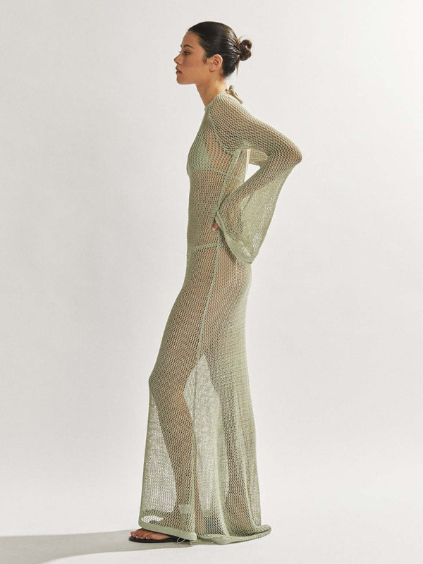 Blue Zone Planet |  Andrea's knitted long-sleeved backless see-through floor-length beach cover-up dress BLUE ZONE PLANET