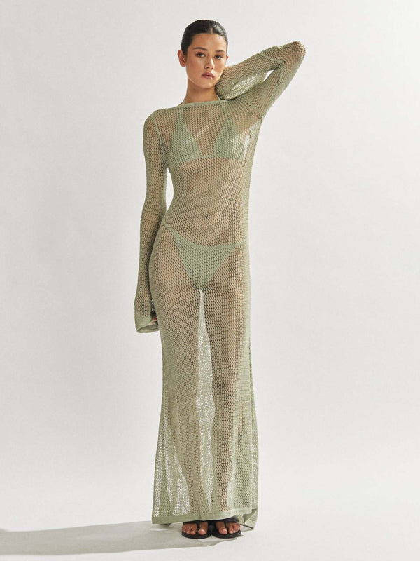 Blue Zone Planet |  Andrea's knitted long-sleeved backless see-through floor-length beach cover-up dress BLUE ZONE PLANET