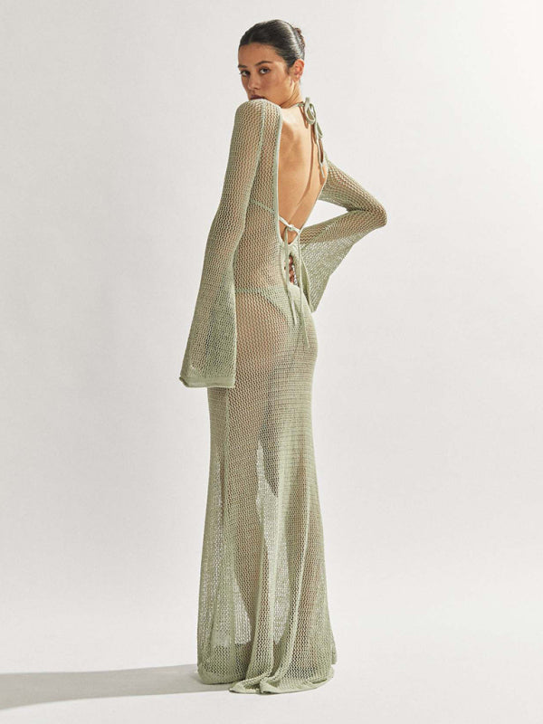 Blue Zone Planet |  Andrea's knitted long-sleeved backless see-through floor-length beach cover-up dress BLUE ZONE PLANET