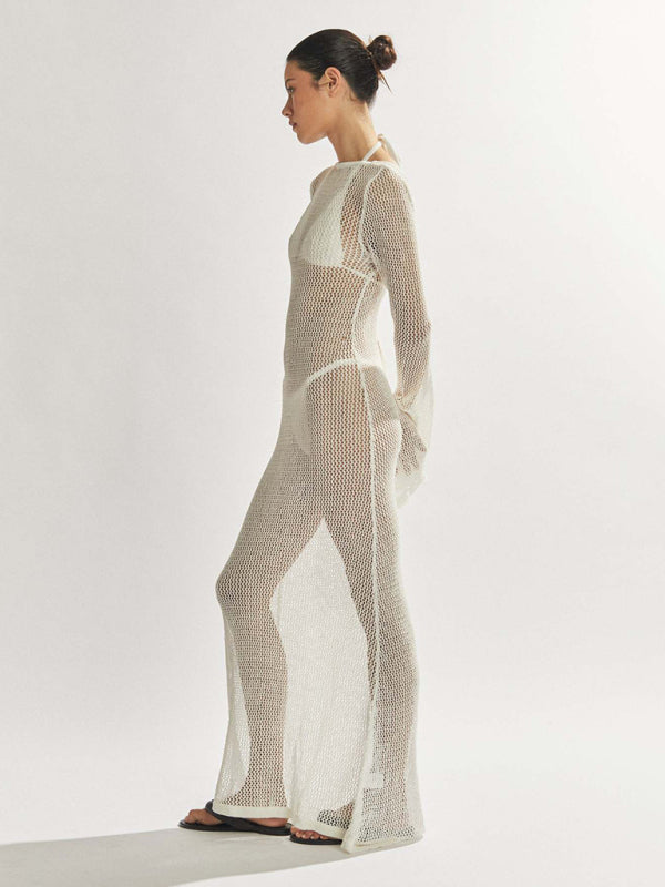 Blue Zone Planet |  Andrea's knitted long-sleeved backless see-through floor-length beach cover-up dress BLUE ZONE PLANET