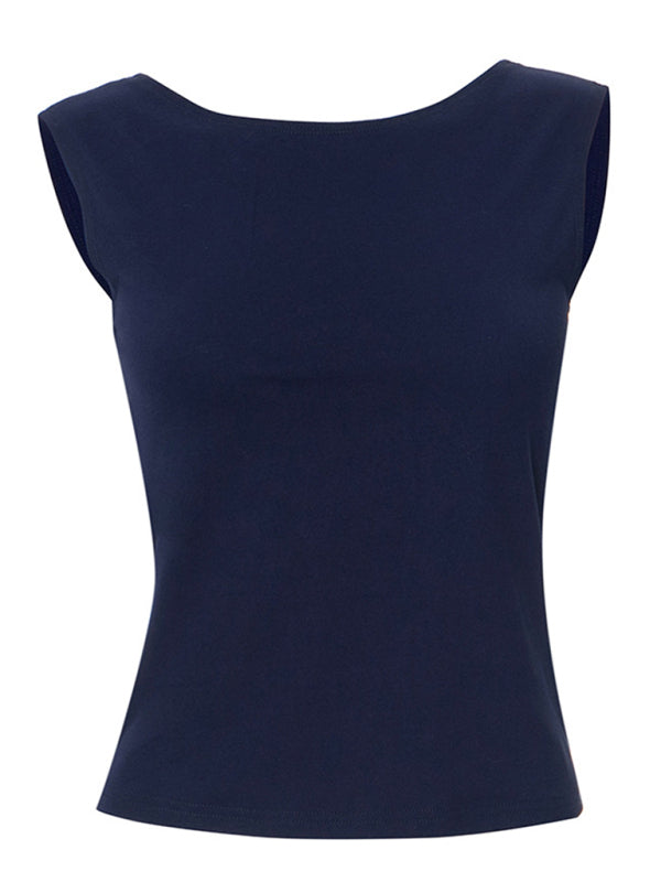 Elowen's round neck slim fit pullover patchwork backless solid color top BLUE ZONE PLANET