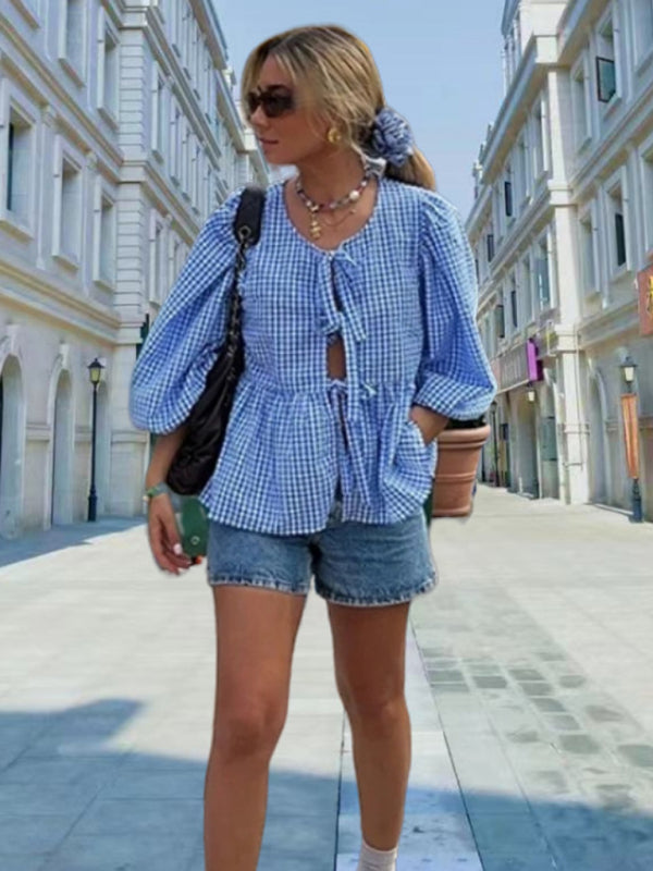 Blue Zone Planet |  New Sweet Casual Strappy Round Neck Puff Sleeve Versatile Shirt kakaclo