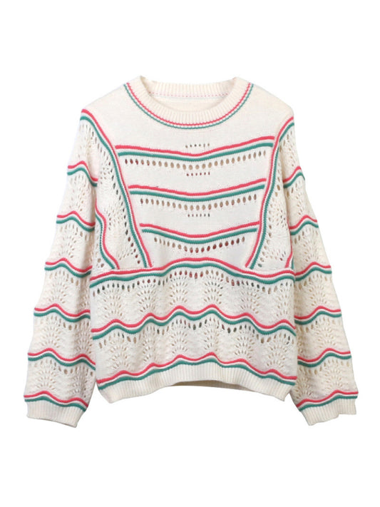 Blue Zone Planet | able and sweet crocheted hollow sweater top with contrasting stripes-[Adult]-[Female]-Cream-S-2022 Online Blue Zone Planet