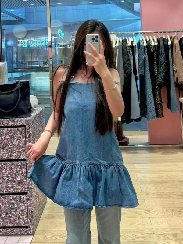 bow strap denim short dress BLUE ZONE PLANET