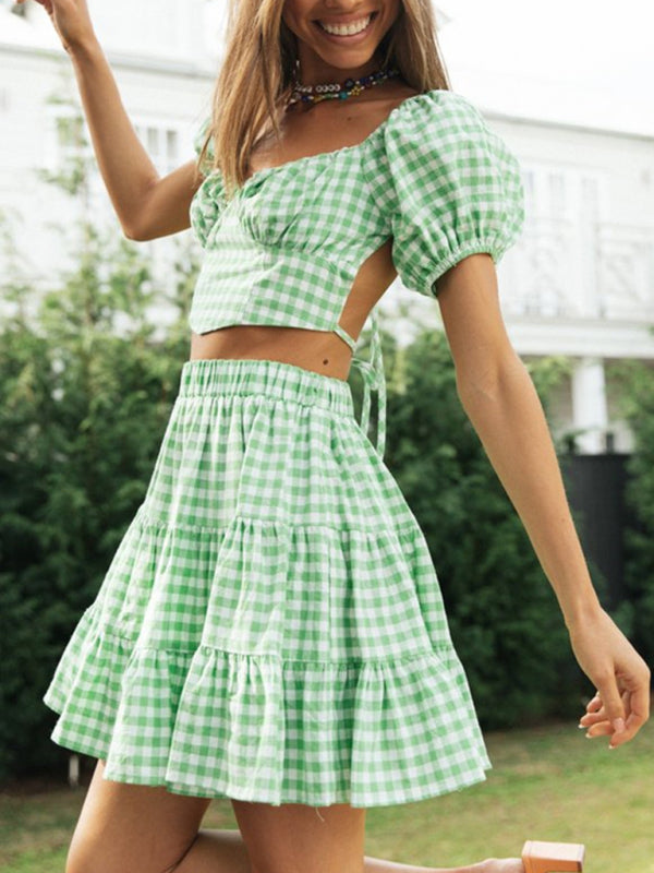 Plaid Top Backless Tie + Cake Skirt Set BLUE ZONE PLANET