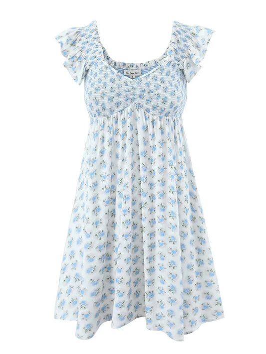 style flying sleeve elastic pleated V-neck blue floral dress BLUE ZONE PLANET
