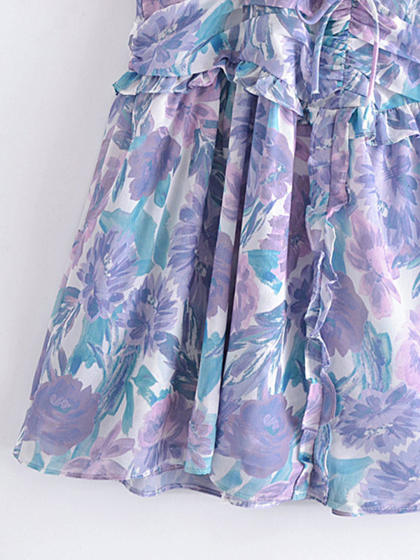 Fashion Floral Print Puff Sleeve High Waist Fungus Side Cut Dress BLUE ZONE PLANET