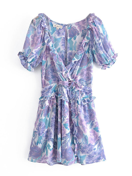 Fashion Floral Print Puff Sleeve High Waist Fungus Side Cut Dress BLUE ZONE PLANET