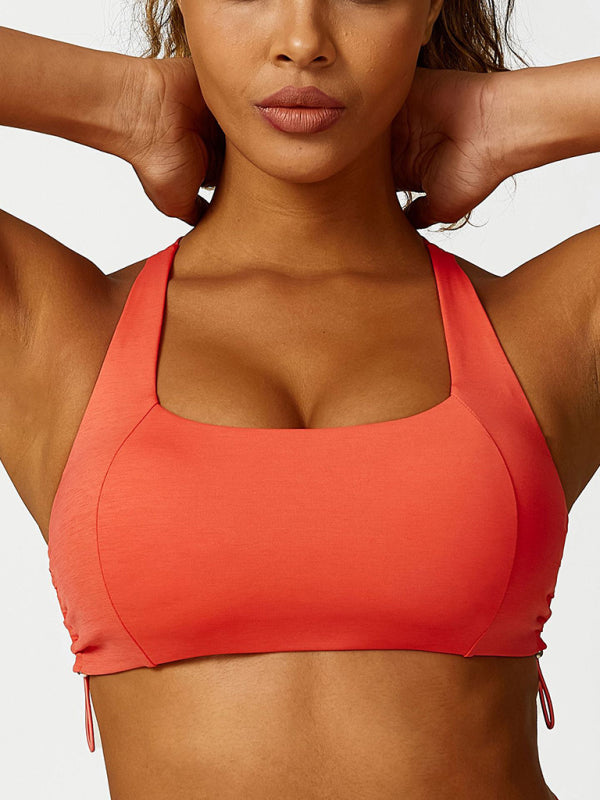 Blue Zone Planet | New drawstring yoga wear breathable solid color yoga bra-[Adult]-[Female]-Orange Red-S-2022 Online Blue Zone Planet